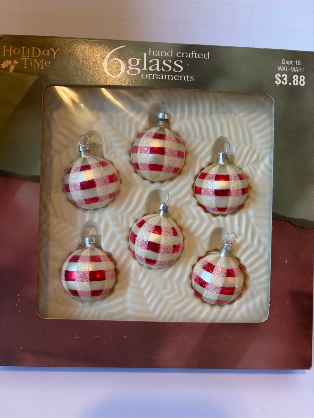 Holiday Time Hand Crafted Glass Ornaments Red And White Gingham